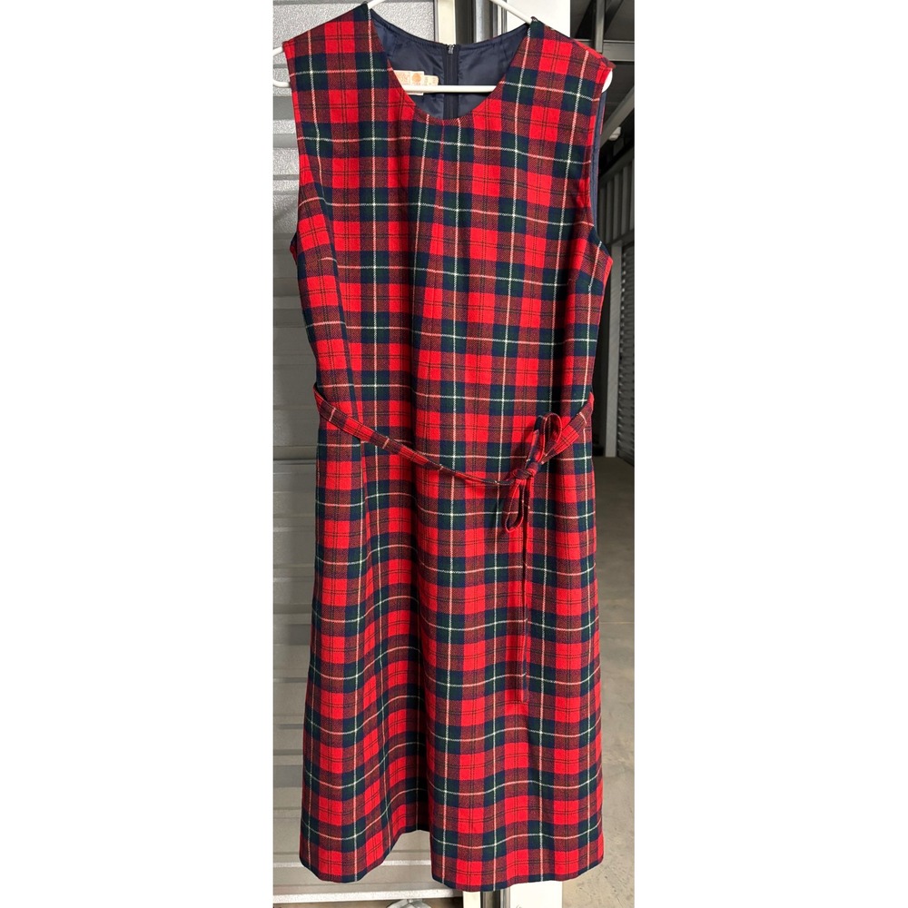 Vintage Pendleton Wool Plaid Sleeveless Belted Midi Dress Red Navy Size 18 USA
